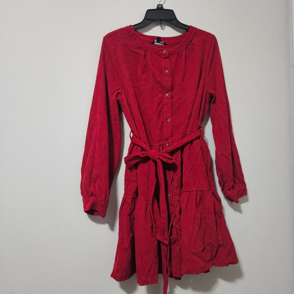 Simply Southern Red Corduroy Button Down Tiered Belted Mini Dress Womens Large
